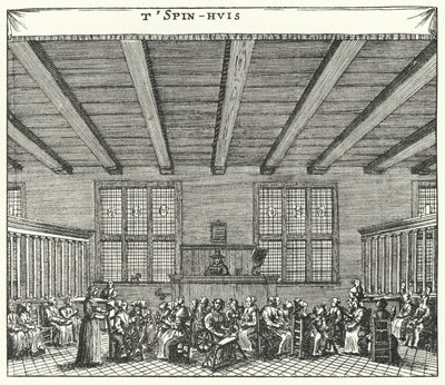 Mujeres prisioneras en el Spinhhuis de Ámsterdam obligadas a hilar como método de corrección para la prostitución y otros crímenes de German School