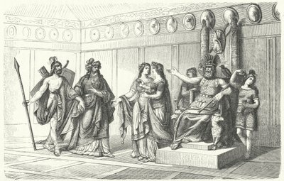 Wotan recibiendo a los músicos presentados por Bragi, el dios de la poesía y la canción (grabado) de German School