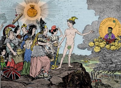 Peligro amarillo: el enemigo del Este se acerca - Prepárense para la liquidación - ¡Pueblos de Europa vendan sus bienes más caros! Lámina de Kladderadatsch, Berlín 1895 de German School