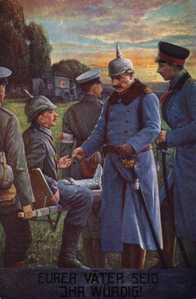 Sois dignos de vuestros padres: El káiser Guillermo II condecora a un soldado alemán herido con la Cruz de Hierro (litografía en color). de German School