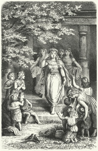 Jóvenes alemanas con coronas para celebrar el festival de Eostre (Ostara) de German School