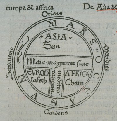f.177v Mapa T-en-O, con nombres de lugares en letra impresa, de Isidoro de Sevilla, Liber Etimologiarvm de German School