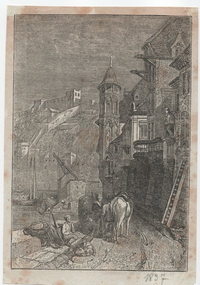 escena de ciudad medieval de German School
