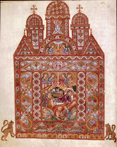 Natividad. Miniatura del Codex de Egberto (Codex Egberti) de la escuela de Reichenau. Aproximadamente 980, Cividale del Friuli, Museo Arqueológico o Catedral de Cividale de German School