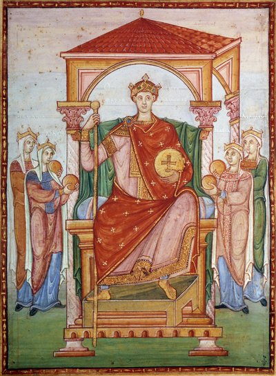 Otón III (980-1002) emperador germánico recibiendo el tributo de las naciones. Miniatura del manuscrito "Evangelio de Otón III", finales del siglo X. Chantilly, Museo Condé de German School