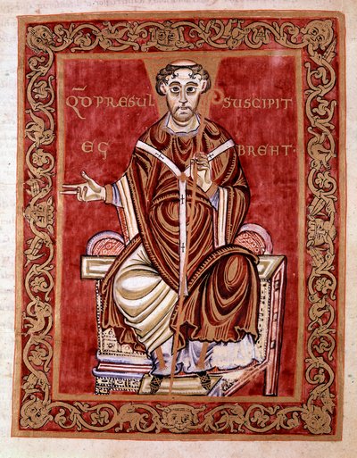 El obispo Egberto de Tréveris recibe el salterio de manos del monje Rudprecht (no representado aquí) - Miniatura del Códice de Egberto (Codex Egberti) por la escuela de Reichenau, 980 - Cividale del Friuli, museo arqueológico o Catedral de Cividale de German School