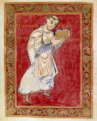 El monje Ruodprecht lleva el manuscrito al arzobispo Egberto de Tréveris (977-993). Miniatura del Codex de Egberto (Codex Egberti) de la escuela de Reichenau. Cividale del Friuli, Museo Arqueológico o Catedral de Cividale de German School