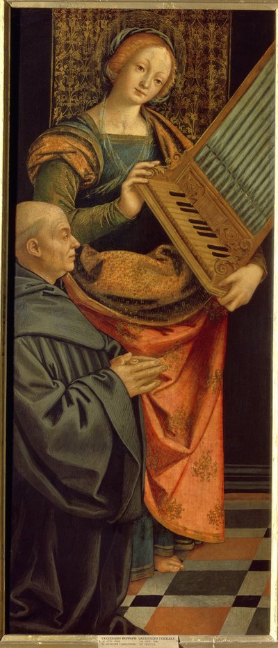 Santa Cecilia de Roma (siglo III) (Santa Cecilia). Portando un órgano, con un monje arrodillado en oración a sus pies. Pintura de Gerolamo Giovenone (1490-1555), témpera sobre madera, posterior a 1530. Arte italiano (Milán) de Gerolamo Giovenone