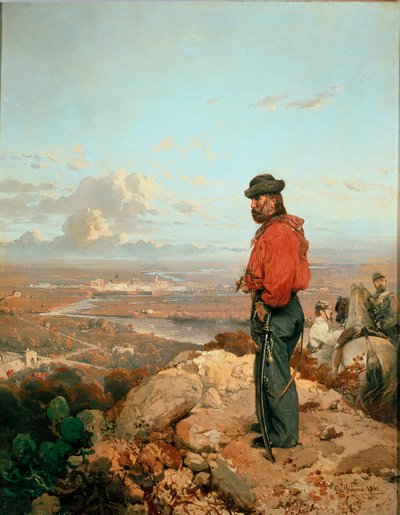 Unidad italiana: "" Retrato de Giuseppe Garibaldi (1807-1882) frente a Capua (Capua) en 1860"". Pintura de Gerolamo (Girolamo) Induno (1825-1890) 1861 Museo del Risorgimento, Milán de Gerolamo Induno