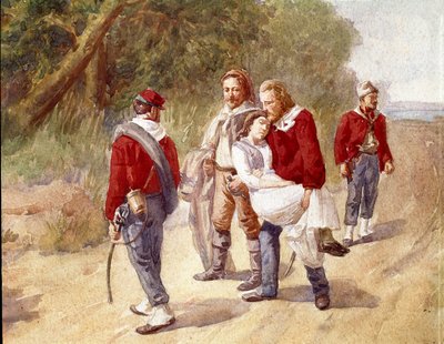 El patriota italiano Giuseppe Garibaldi transporta a su esposa Anita, enferma de tifus, a Rávena en 1849 (Acuarela) de Gerolamo Induno