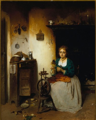 Mujer joven hilando lana, su expresión es triste y su interior miserable. Pintura de Gerolamo (Girolamo) Induno (1825-1890) Dim. 65x52 cm Genes Nervi, Galleria d