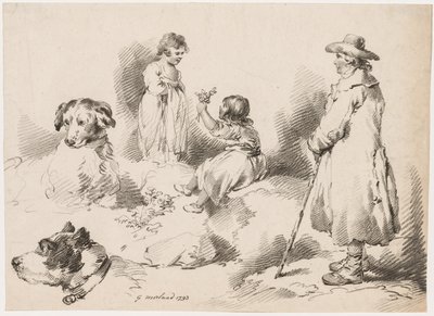 Estudios de niños, dos niñas pequeñas, dos perros, un hombre de Gerrard Street J. Harris Soho