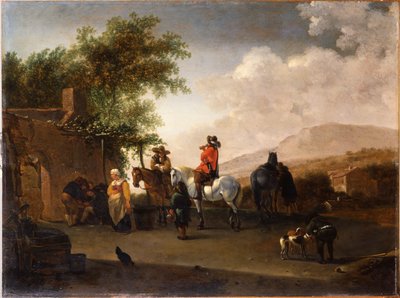 Viajeros a caballo tomando refresco en un paso de montaña, en un paisaje italianizado de Gerrit Adriaensz Berckheyde