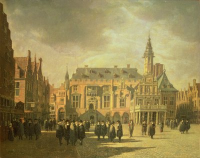 Vista del Ayuntamiento en la Plaza del Mercado de Haarlem de Gerrit Adriaensz Berckheyde