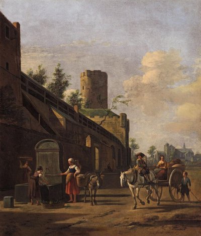 Muralla de Colonia con campesinos y viajeros cerca, la iglesia de San Pantaleón al fondo de Gerrit Adriaenszoon Berckheyde