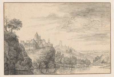 Vista de fantasía de una ciudad en la ribera de un río alto de Gerrit Battem