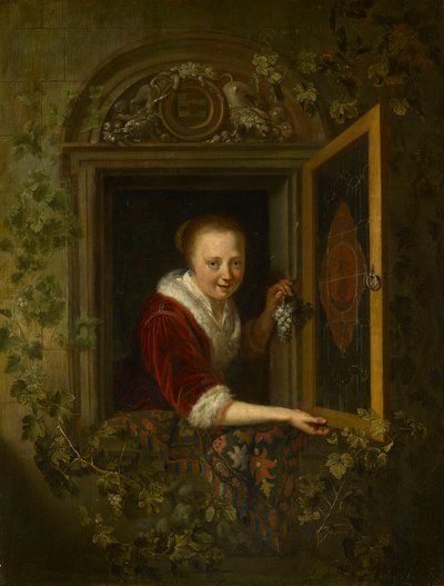 Una chica con un racimo de uvas en una ventana de Gerrit Dou