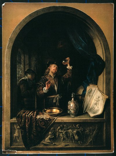Un médico que examina una muestra de orina de una mujer anciana de Gerrit Dou