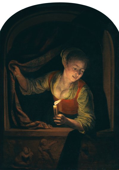 Holandés: Mujer joven con una vela encendida en una ventana de Gerrit Dou