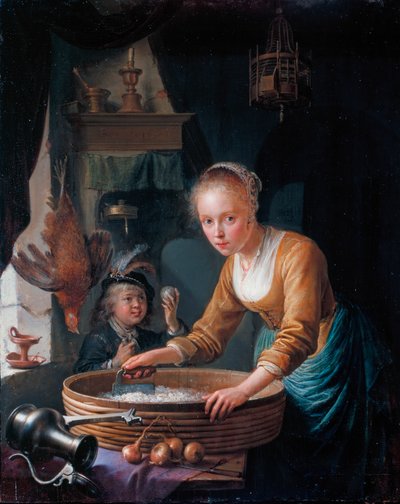 Francés: Jeune fille hachant des oignons Niña cortando cebollas de Gerrit Dou