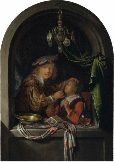 Alemán: Der Zahnarzt Un barbero-cirujano examinando a una chica de Gerrit Dou