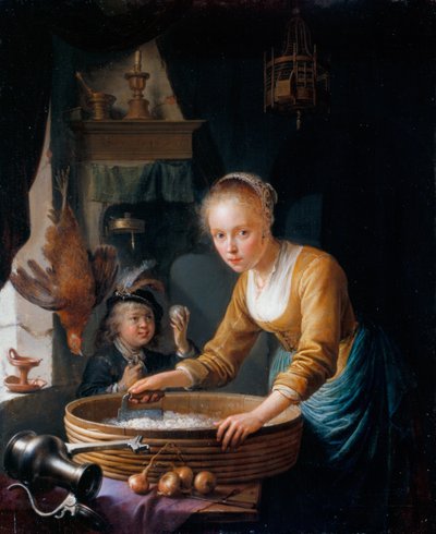 Chica picando cebollas de Gerrit Dou