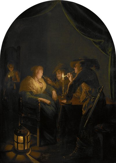 Dos soldados se burlan de una mujer dormida de Gerrit Dou