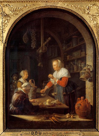 El tendero del pueblo (con el retrato del pintor en el fondo) de Gerrit Dou