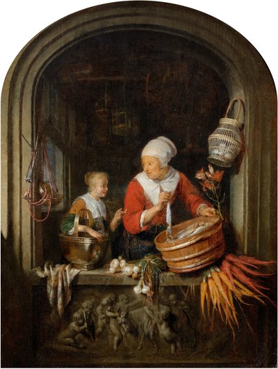 Mujer vendiendo arenques y niña en un escaparate de Gerrit Dou