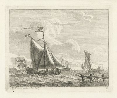 Ocho veleros en aguas turbulentas Paisajes marinos con barcos (título de la serie) de Gerrit Groenewegen