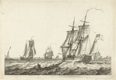 Brik y otros barcos en una vía fluvial ancha Varios barcos sobre las olas (título de la serie) de Gerrit Groenewegen