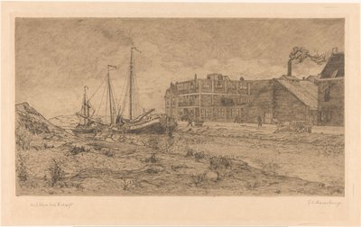 Barcazas amarradas en una fábrica de Gerrit Haverkamp (signed by artist)