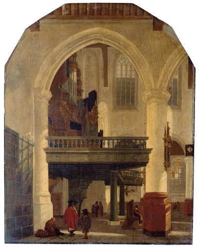 El extremo oeste de la Oude Kerk, Delft, desde el pasillo sur hacia el norte con el loft del órgano de Gerrit Houckgeest