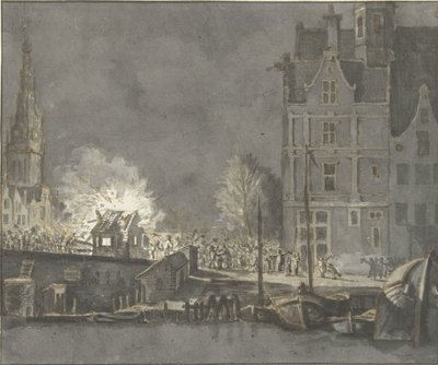 Quema de las casas de aduanas en Nieuwebrug en Amsterdam de Gerrit Lamberts