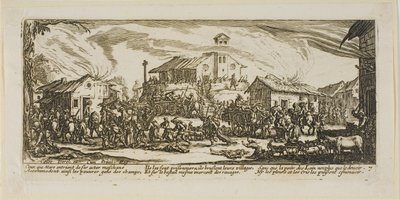 Saqueo e incendio de un pueblo, lámina siete de Las grandes miserias de la guerra de Gerrit Lucasz van Schagen
