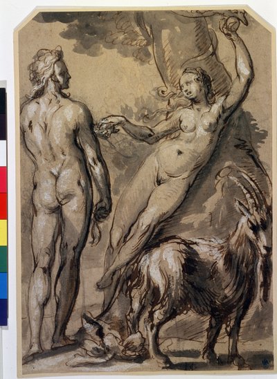 ""Adán y Eva"" Eva recogiendo el fruto prohibido y entregándoselo a Adán. Dibujo a pluma de Gerrit Pietersz (1566-circa 1616) Finales de la década de 1590. Museo Pushkin, Moscú de Gerrit Pietersz
