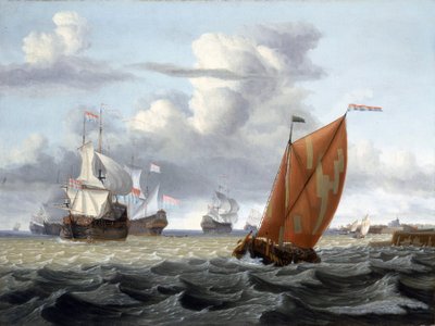 Navegación frente a un puerto holandés, con la torre de una iglesia y algunos edificios, probablemente Enkhuizen (Holanda) en el Zuiderzee (o Zuyderzee o Mar del Sur) y descripción de una gran variedad de embarcaciones: barco de pesca de arenques y embarca de Gerrit Pompe