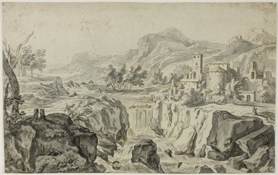 Paisaje a la italiana con cascada y edificios de Gerrit Rademaker