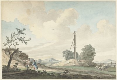 Paisaje junto a las dunas con un hito y dos caminantes de Gerrit Toorenburgh
