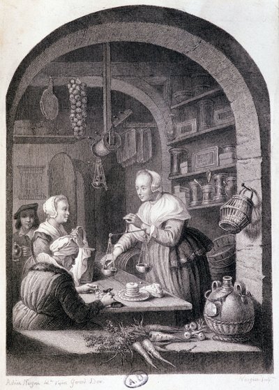 Tendero del pueblo pesando con una balanza. s.d. siglo XVIII de Gerrit or Gerard (after) Dou