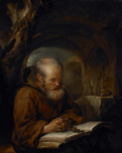 Un ermitaño rezando, 1670 de Gerrit Dou