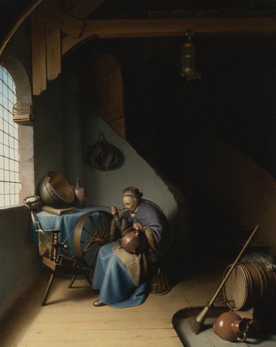 Una anciana en su rueca, comiendo gachas de Gerrit Dou