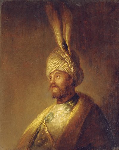 Retrato de un hombre, busto, con un turbante con una pluma de Gerrit Dou