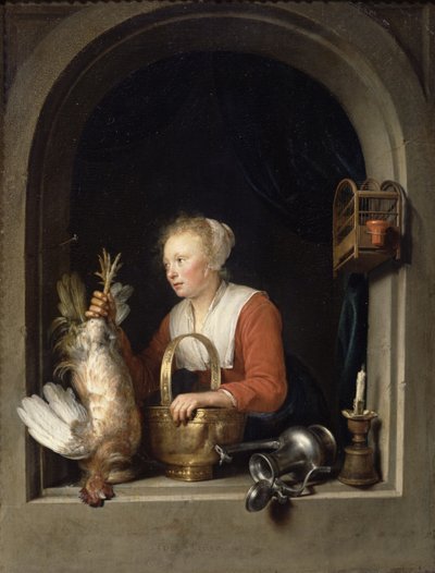 La ama de casa holandesa o La mujer colgando un gallo en la ventana, 1650 de Gerrit Dou