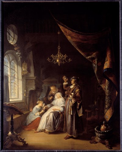La mujer hidrópica. Un médico examina la orina de una mujer con hidropesía de Gerrit Dou