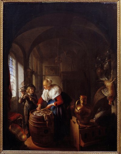El ratón. Un niño muestra a su madre una trampa para ratones de Gerrit Dou
