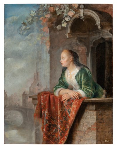 Joven dama en un balcón, c.1664 de Gerrit Dou