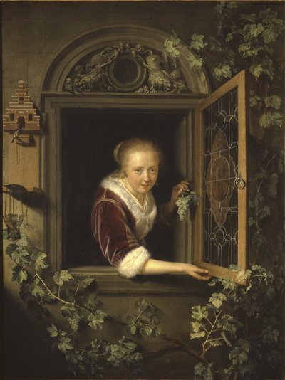 Joven Mujer en la Ventana con un Racimo de Uvas de Gerrit Dou