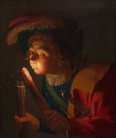Un niño soplando una brasa de Gerrit van Honthorst