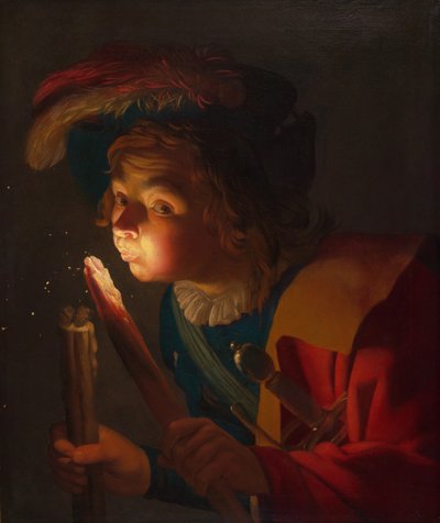 Un niño soplando una brasa, 1621-22 de Gerrit van Honthorst